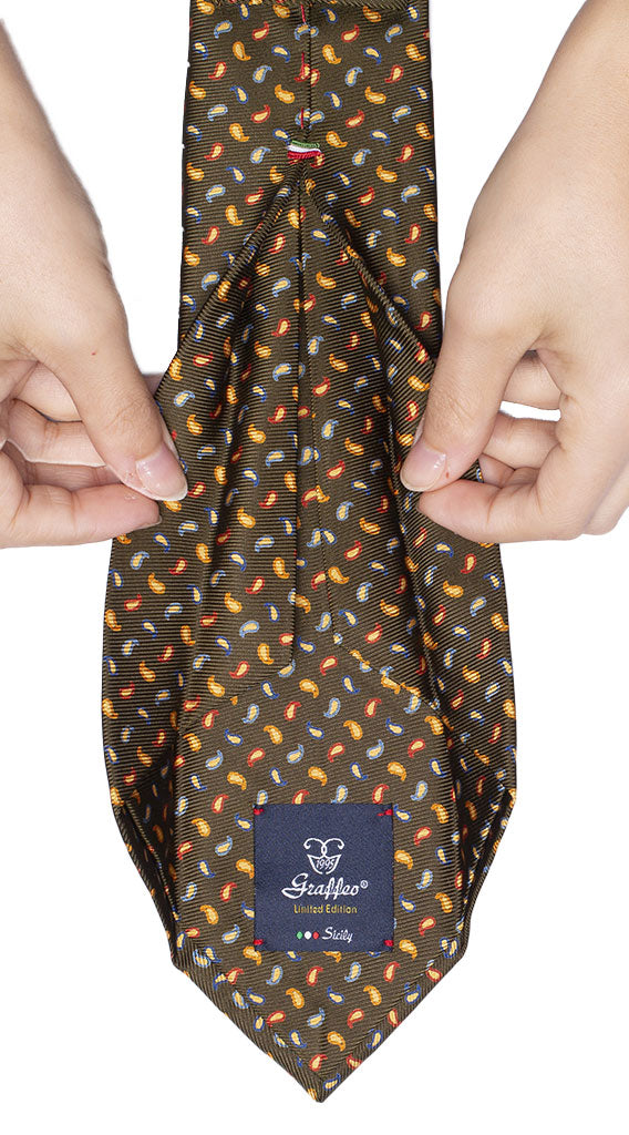 Cravatta Sette Pieghe Stampa di Seta Verde Paisley Multicolor Made in Italy Graffeo Cravatte Pala