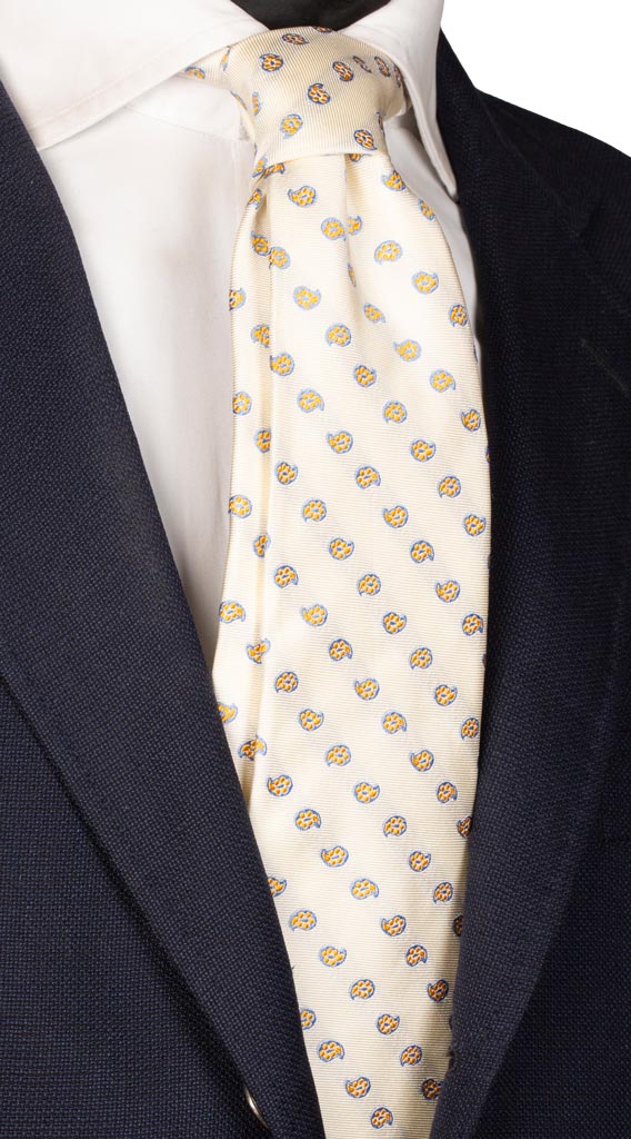 Cravatta Sette Pieghe di Seta Bianco Sporco Paisley Celeste Giallo Made in Italy graffeo Cravatte