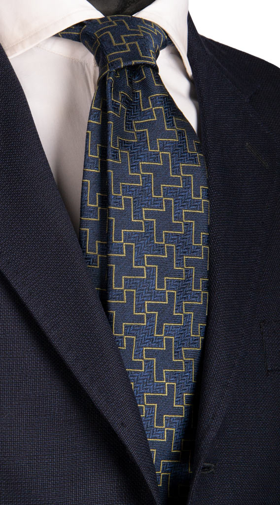 Cravatta Sette Pieghe di Seta Blu Pied de Poule Verde Made in Italy Graffeo Cravatte