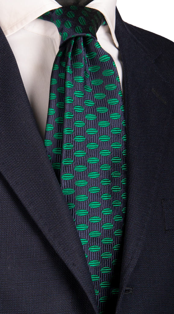 Cravatta Sette Pieghe di Seta Blu Fantasia Verde Made in Italy Graffeo Cravatte