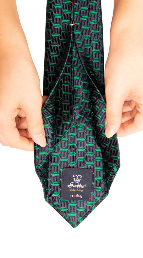 Cravatta Sette Pieghe di Seta Blu Fantasia Verde Made in Italy Graffeo Cravatte Pala
