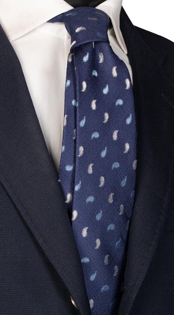 Cravatta Sette Pieghe di Seta Blu Navy Paisley Celeste Bianco Made in Italy Graffeo Cravatte