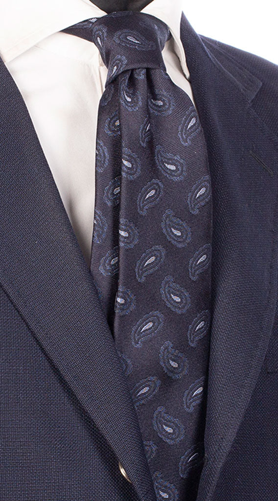 Cravatta Sette Pieghe di Seta Blu Paisley Tono su Tono Grigio Chiaro Made in Italy Graffeo Cravatte