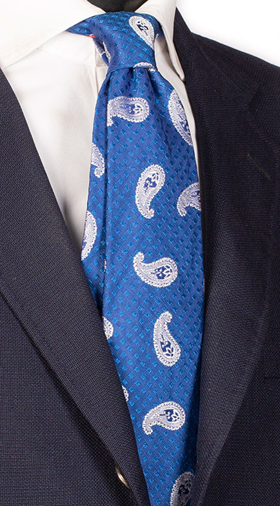 Cravatta Sette Pieghe di Seta Bluette Paisley Bianco Made in Italy Graffeo Cravatte