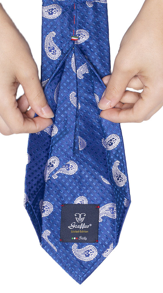 Cravatta Sette Pieghe di Seta Bluette Paisley Bianco Made in Italy Graffeo Cravatte Pala
