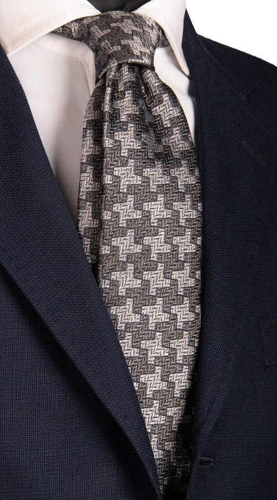 Cravatta Sette Pieghe di Seta Pied de Poule Grigio Blu Made in Italy Graffeo Cravatte