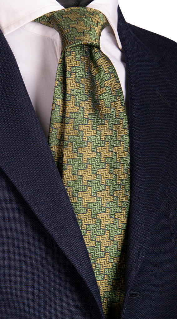 Cravatta Sette Pieghe di Seta Pied de Poule Verde Giallo Blu Made in Italy Graffeo Cravatte
