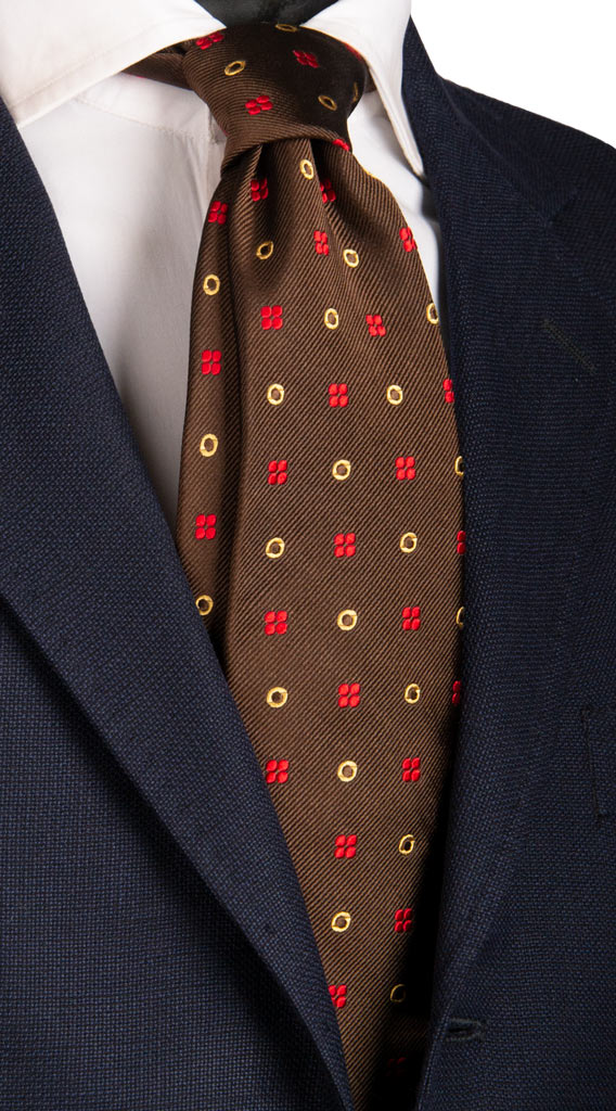 Cravatta Sette Pieghe di Seta Marrone Fantasia Rossa Gialla Made in Italy Graffeo Cravatte