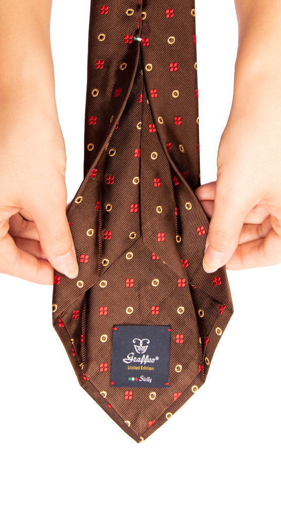Cravatta Sette Pieghe di Seta Marrone Fantasia Rossa Gialla Made in Italy Graffeo Cravatte Pala