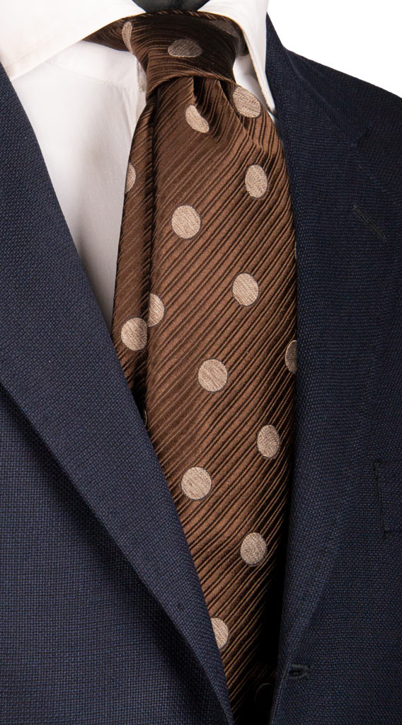 Cravatta Sette Pieghe di Seta Marrone a Pois Beige Made in Italy Graffeo Cravatte