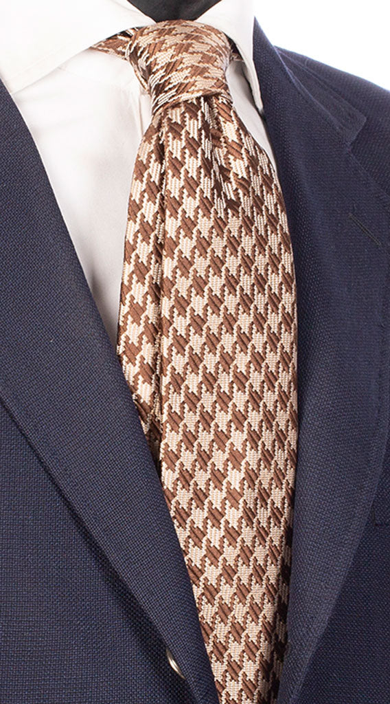 Cravatta Sette Pieghe di Seta Pied de Poule Grigio Chiaro Marrone Made in Italy Graffeo Cravatte