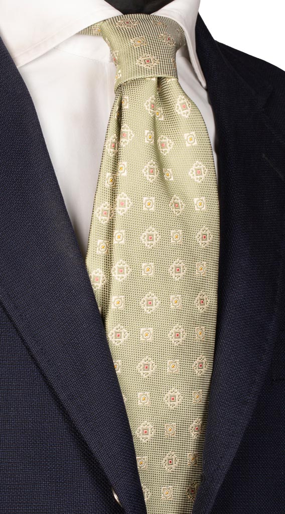 Cravatta Sette Pieghe di Seta Verde Chiaro Fantasia Beige Rosa Giallo Made in Italy Graffeo Cravatte
