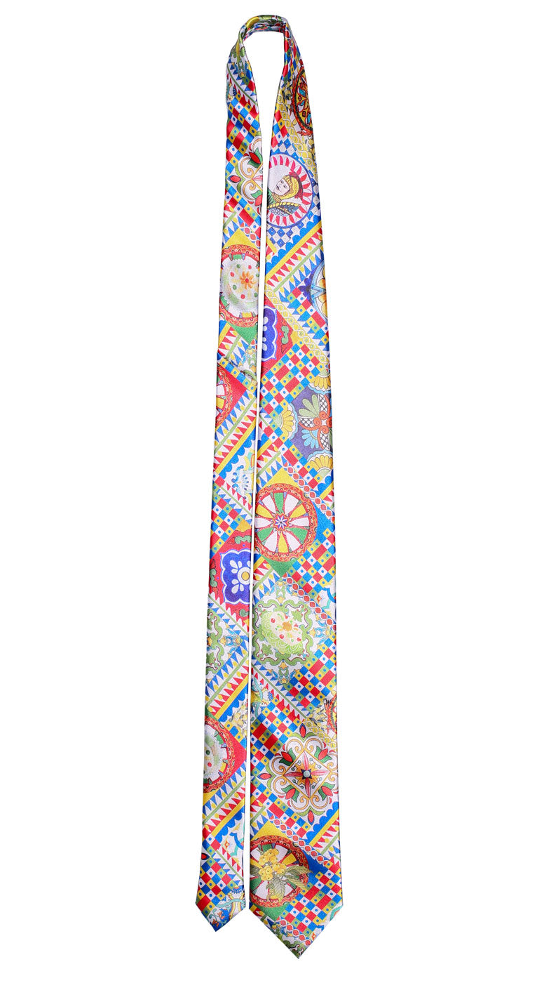 Cravatta Siciliana Sartoriale in Seta Raso Stampata con Maioliche Made in Italy Graffeo Cravatte Intera