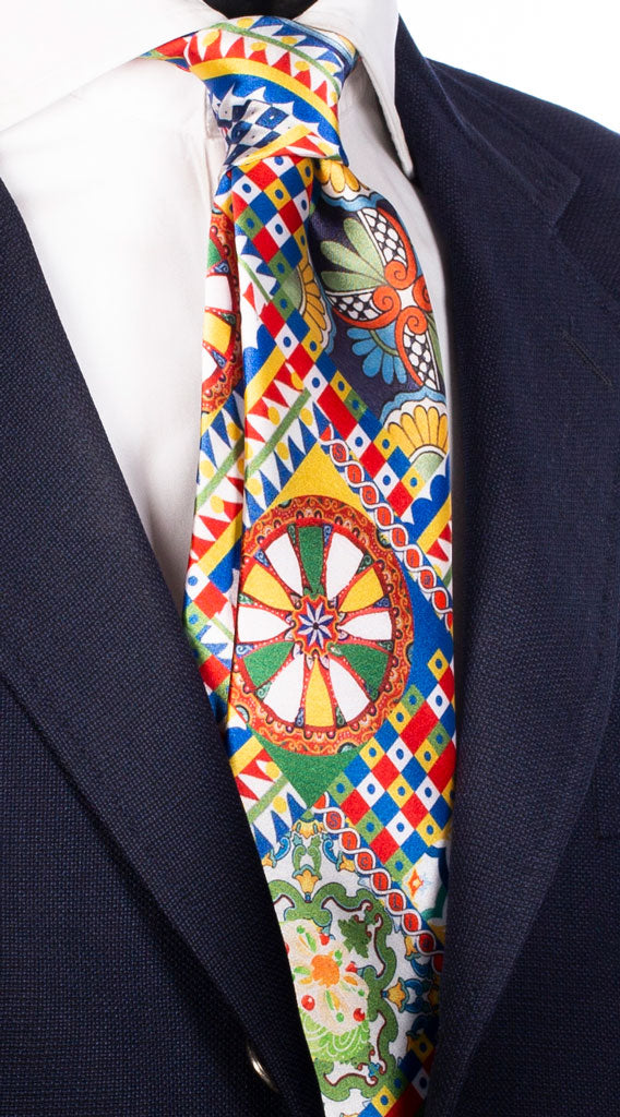 Cravatta Siciliana Sartoriale in Seta Raso Stampata con Maioliche Made in Italy Graffeo Cravatte