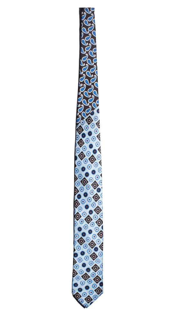 Cravatta Stampa Azzurra Fantasia Multicolor Nodo in Contrasto Nero Paisley Celeste Made in Italy Graffeo Cravatte Intera