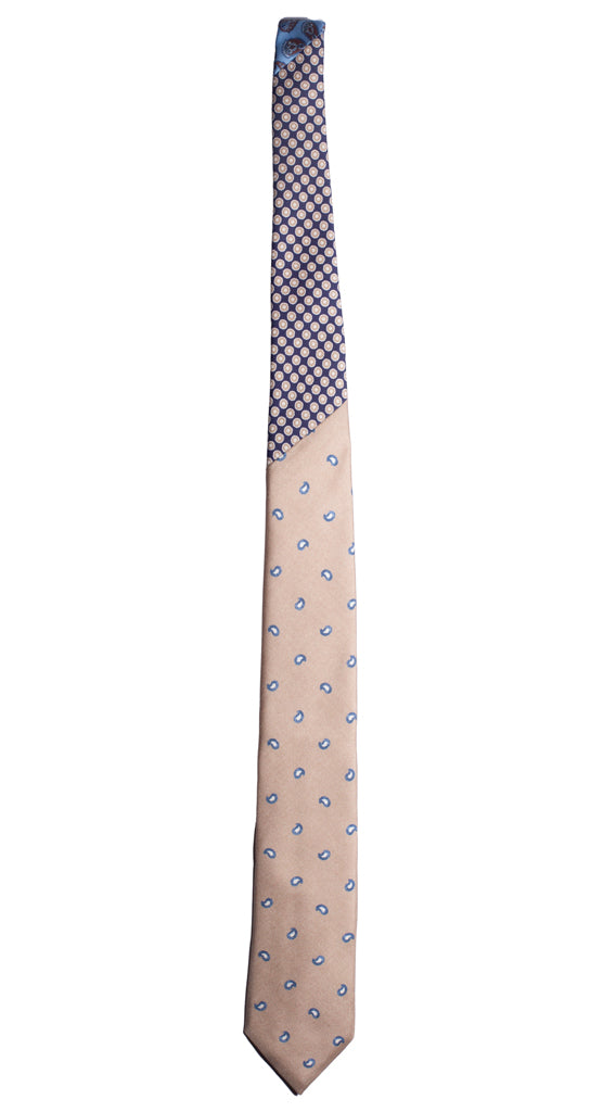 Cravatta Stampa Beige Paisley Blu Bianco Nodo in Contrasto Blu Fantasia Made in Italy Graffeo Cravatte Intera