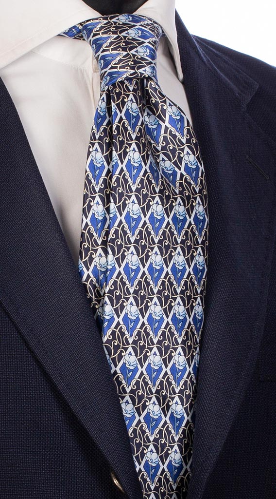Cravatta Stampa Blu con Fantasia Bluette Azzurra Beige Made in Italy Graffeo Cravatte