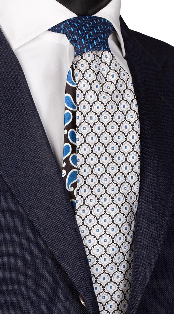 Cravatta Stampa Color Ghiaccio Fantasia Blu Turchese Nodo in Contrasto Blu Made in Italy Graffeo Cravatte
