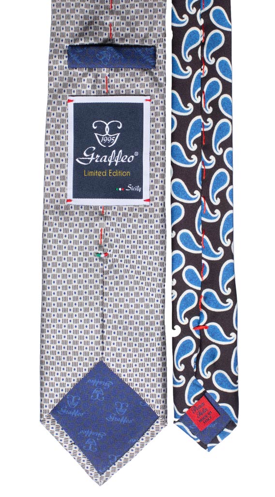 Cravatta Stampa Grigia Fantasia Bluette Nodo in Contrasto Grigio Bluette Made in Italy Graffeo Cravatte Pala