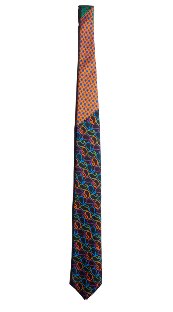 Cravatta Stampa Nera Paisley Multicolor Nodo in Contrasto Arancione Fantasia Made in Italy Graffeo Cravatte Intera