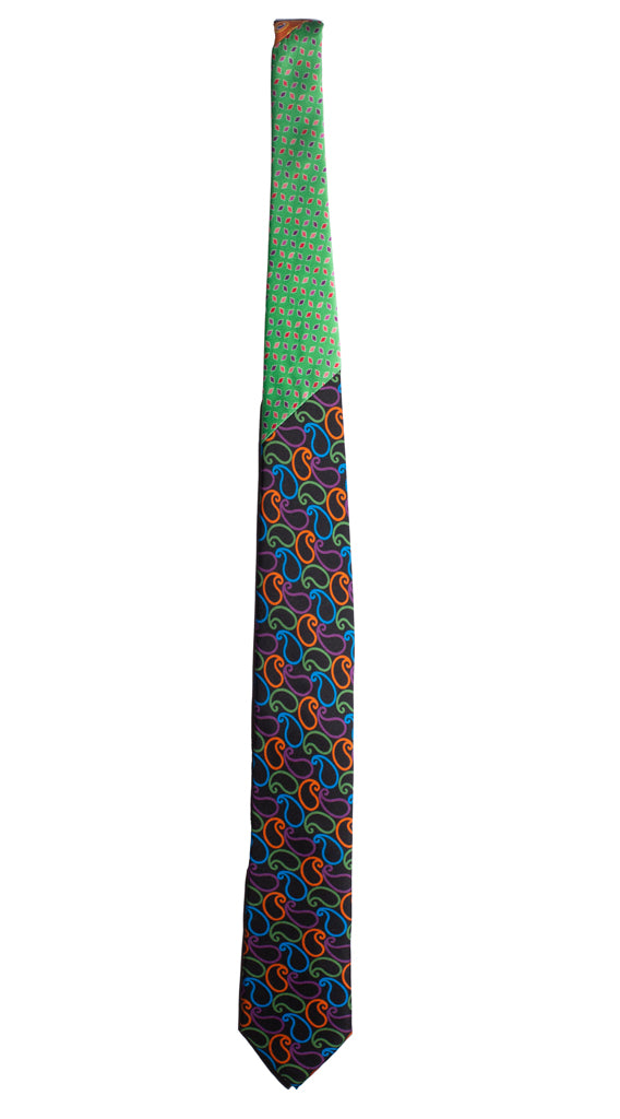 Cravatta Stampa Nera Paisley Multicolor Nodo in Contrasto Verde Fantasia Made in Italy Graffeo Cravatte Intera