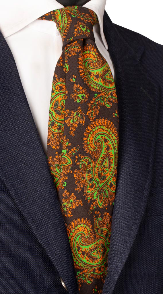 Cravatta Stampa di Lana Marrone Paisley Arancione Verde Made in Italy Graffeo Cravatte Pala