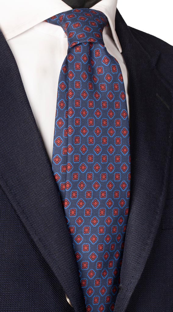 Cravatta Stampa di Seta Blu Navy Fantasia Bluette Rosso Made in Italy graffeo Cravatte