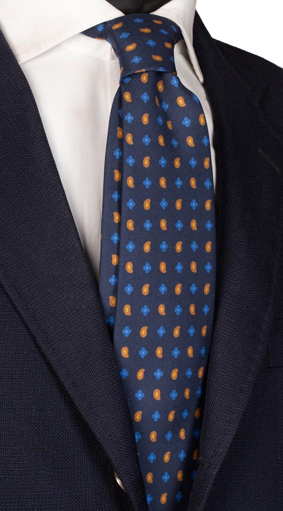 Cravatta Stampa di Seta Blu Paisley Beige Senape Blu Navy Made in Italy Graffeo Cravatte