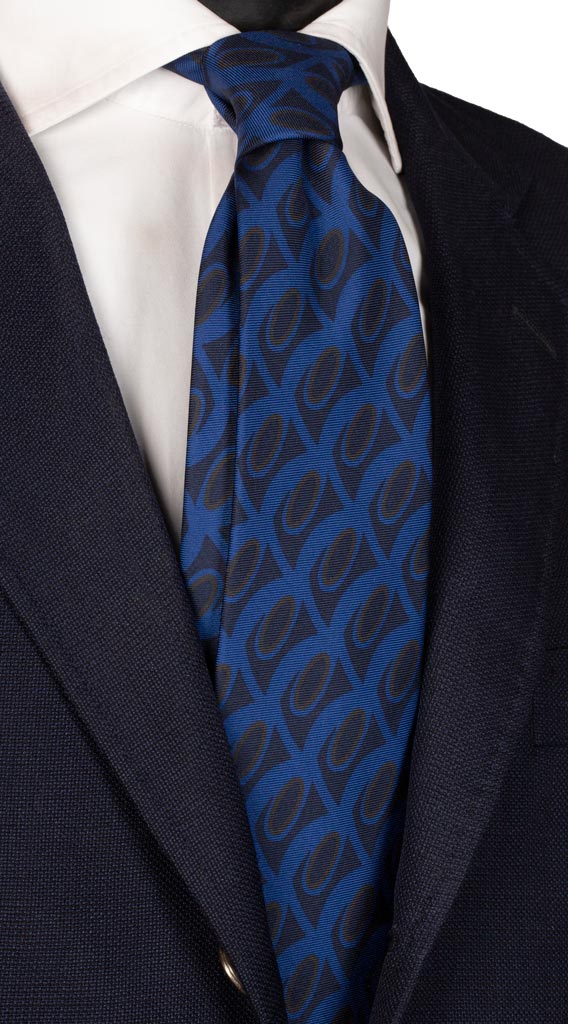 Cravatta Stampa di Seta Bluette Fantasia Blu Marrone Made in Italy Graffeo Cravatte