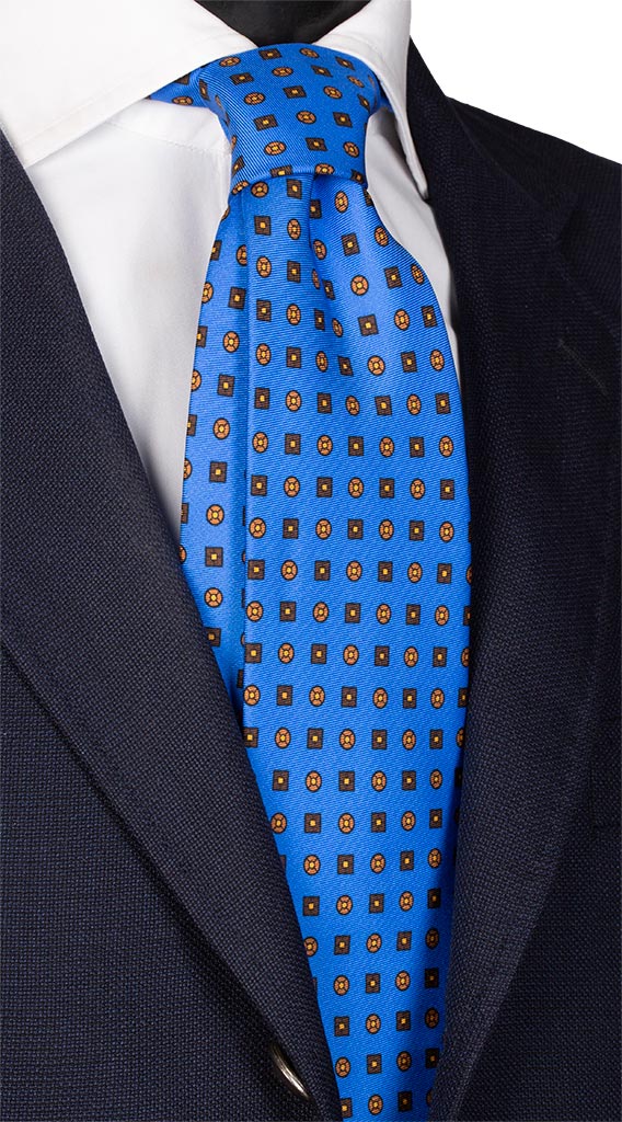 Cravatta Stampa di Seta Bluette Fantasia Marrone color Cammello Made in Italy Graffeo Cravatte