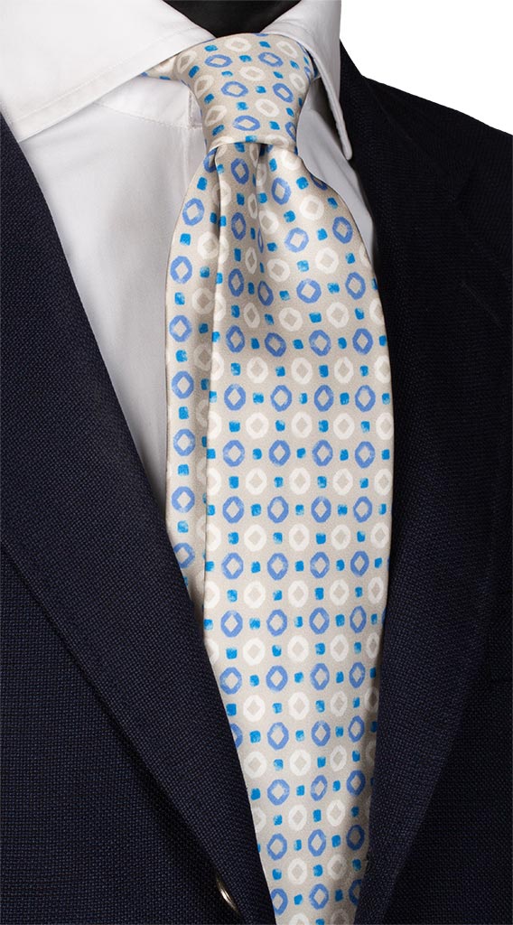 Cravatta Stampa di Seta Grigio Chiaro Fantasia Bluette Bianca Made in Italy Graffeo Cravatte