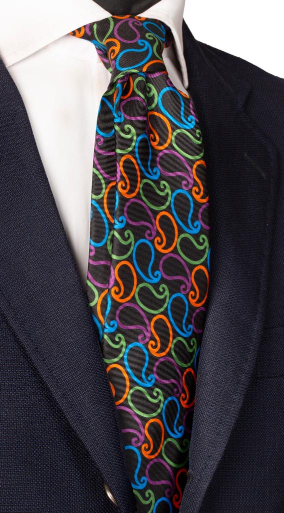 Cravatta Stampa di Seta Nera Paisley Multicolor Made in Italy Graffeo Cravatte
