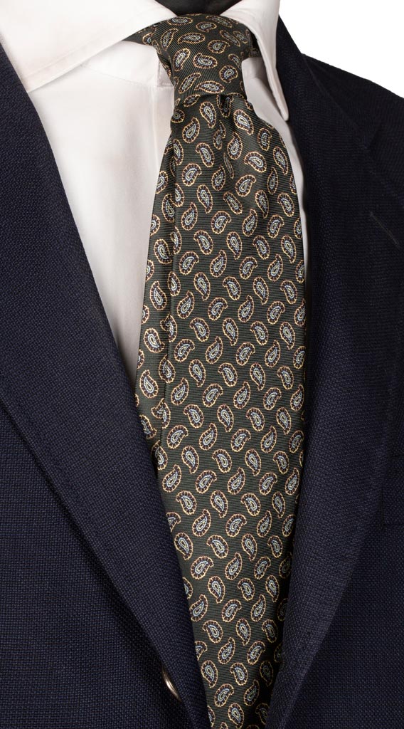 Cravatta Stampa di Seta Verde Paisley Giallo Celeste Made in Italy Graffeo Cravatte