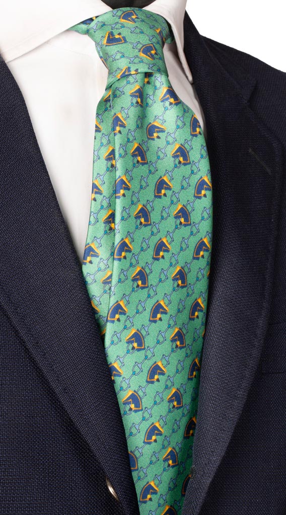 Cravatta Stampa di Seta Verde VIntage Fantasia Bluette Celeste Giallo Made in Italy Graffeo Cravatte