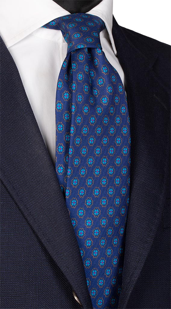 Cravatta Stampa di Seta Vintage Bluette Fantasia Turchese Fucsia Ocra Made in Italy Graffeo Cravatte