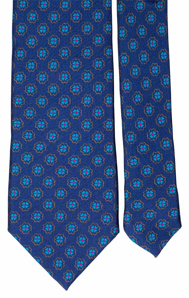 Cravatta Stampa di Seta Vintage Bluette Fantasia Turchese Fucsia Ocra Made in Italy Graffeo Cravatte Pala