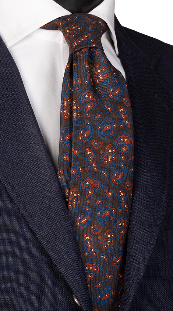 Cravatta Stampa di Seta Vintage Marrone Paisley Arancione Giallo Blu Made in Italy Graffeo Cravatte