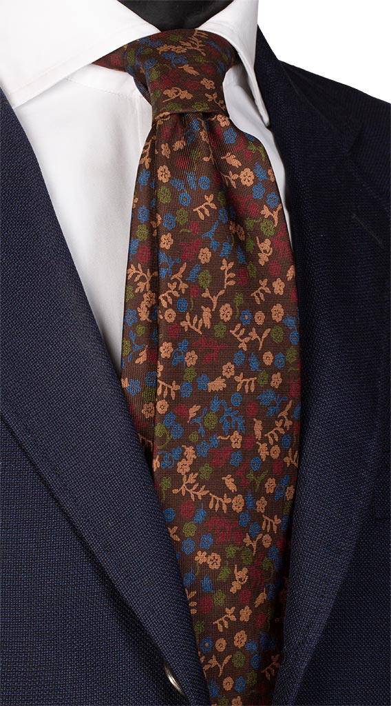 Cravatta Stampa di Seta Vintage Marrone a Fiori Multicolor Made in Italy Graffeo Cravatte