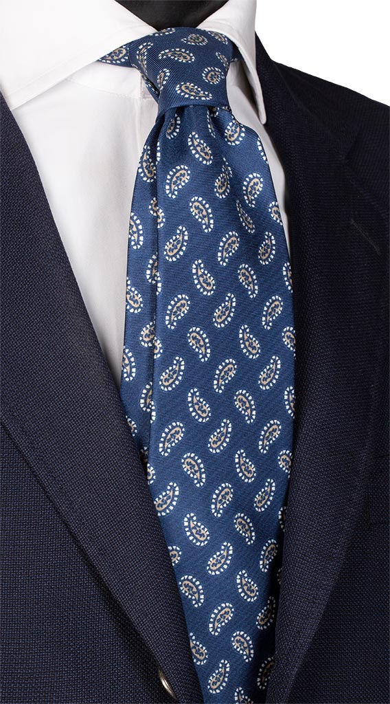 Cravatta Stampa in Seta Cotone Blu Paisley Beige Bianchi Made in italy Graffeo Cravatte