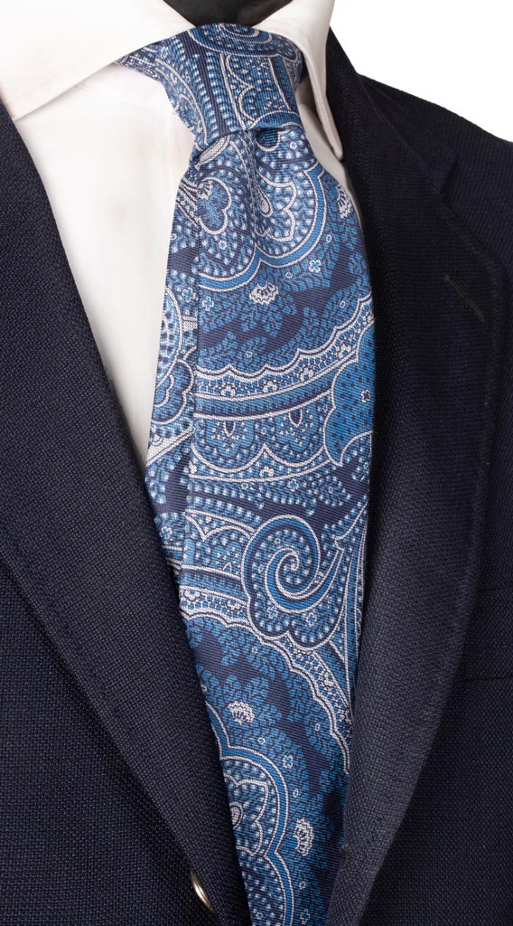 Cravatta Stampa in Seta Cotone Blu Paisley Bluette Bianco Made in Italy Graffeo Cravatte