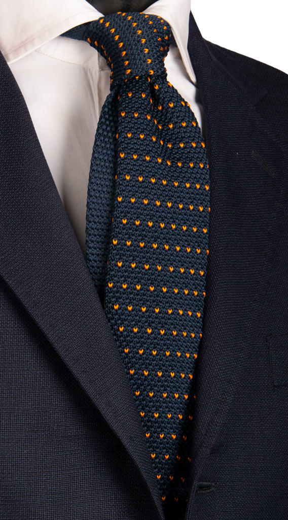 Cravatta Tricot in Maglia di Seta Blu Fantasia Arancione Made in Italy Graffeo Cravatte