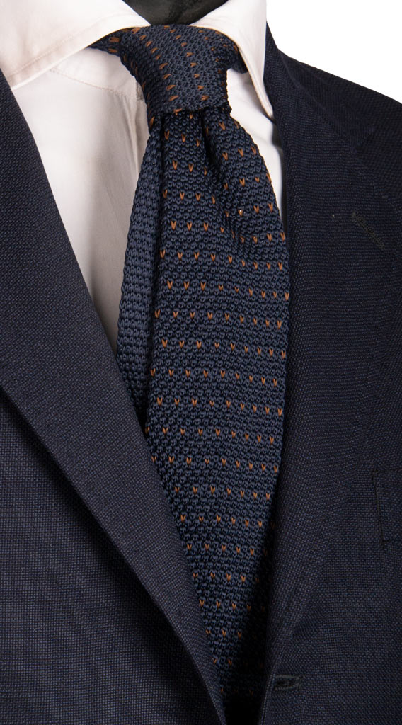 Cravatta Tricot in Maglia di Seta Blu Fantasia Marrone Made in Italy Graffeo Cravatte