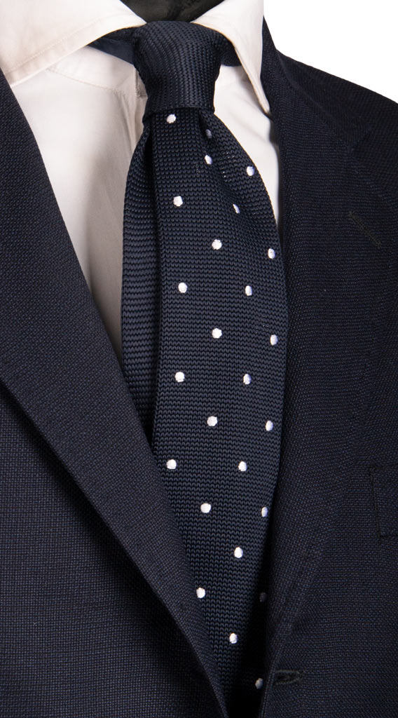 Cravatta Tricot in Maglia di Seta Blu a Pois Bianchi Made in Italy Graffeo Cravatte