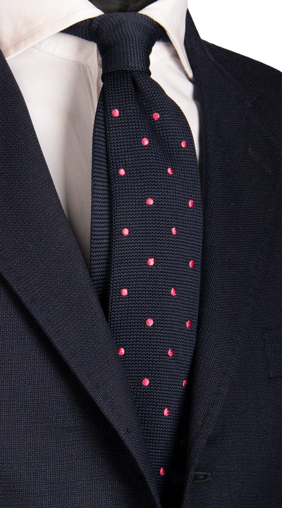 Cravatta Tricot in Maglia di Seta Blu a Pois Rosa Made in Italy Graffeo Cravatte