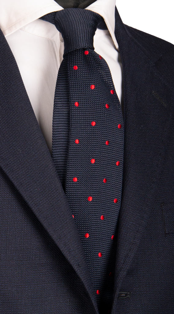 Cravatta Tricot in Maglia di Seta Blu a Pois Rossi Made in italy Graffeo Cravatte