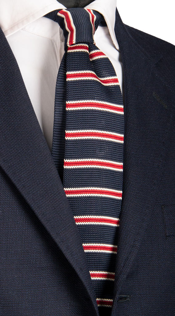 Cravatta Tricot in Maglia di Seta Blu Righe Rosse Bianche Made in Italy Graffeo Cravatte