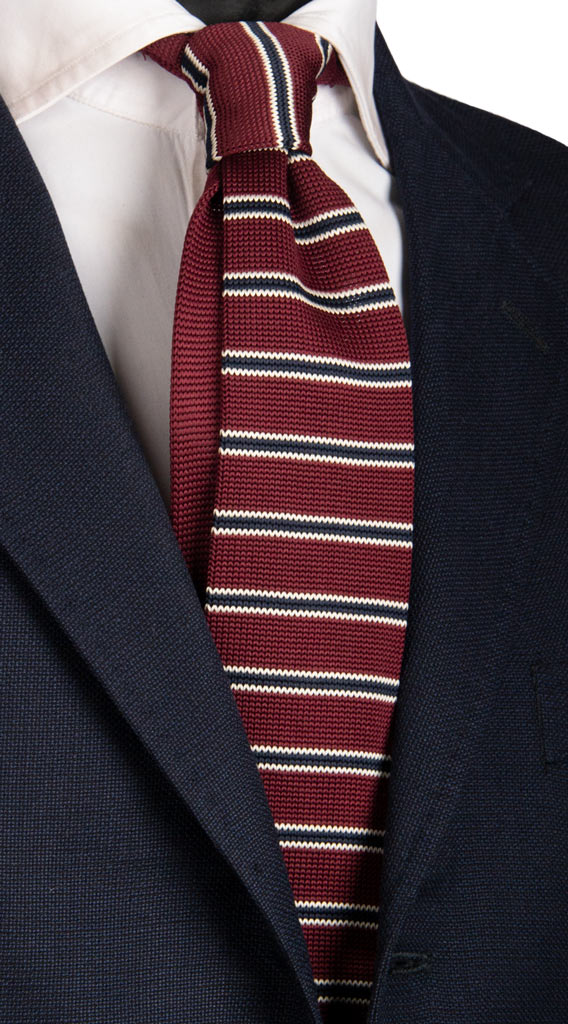Cravatta Tricot in Maglia di Seta Bordeaux Righe Blu Bianche Made in Italy Graffeo Cravatte