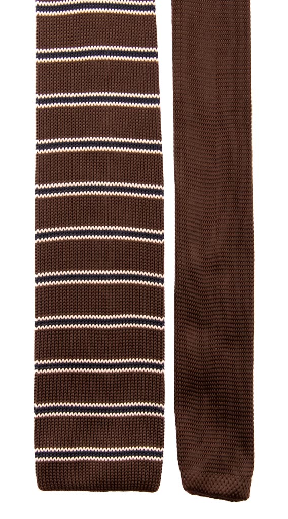 Cravatta Tricot in Maglia di Seta Marrone Righe Blu Bianche Made in Italy Graffeo Cravatte Pala