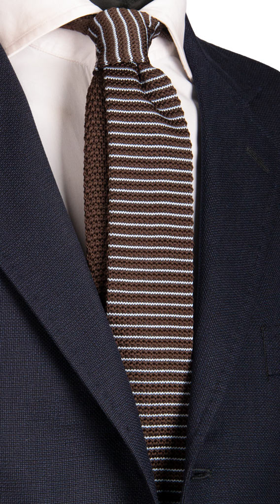Cravatta Tricot in Maglia di Seta Marrone Righe Celesti Made in Italy Graffeo Cravatte