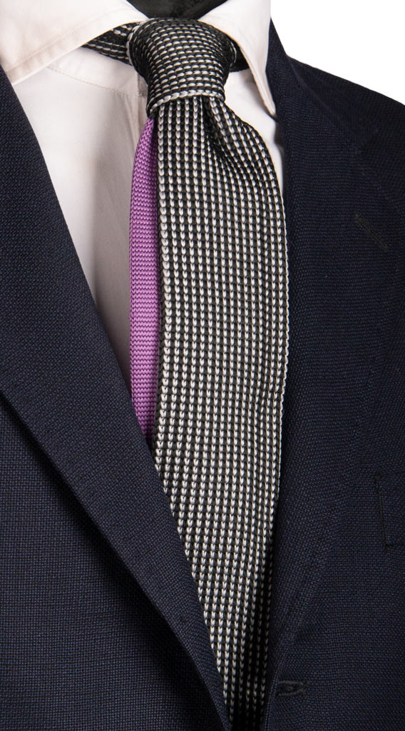 Cravatta Tricot in Maglia di Seta Nera Grigia Coda in Contrasto Viola Made in Italy Graffeo Cravatte